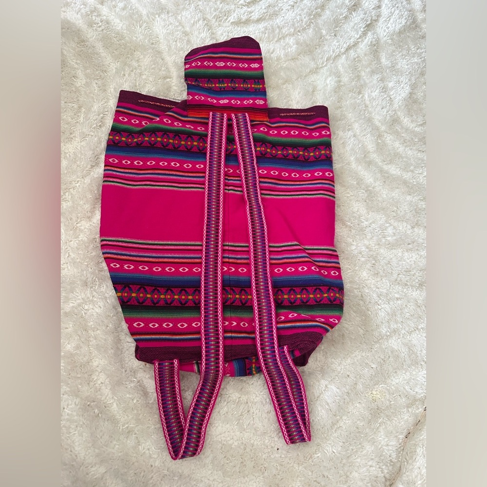 Boho Woven Baja Pink Striped Backpack Tribal Geometric Festival Rucksack - Picture 8 of 9